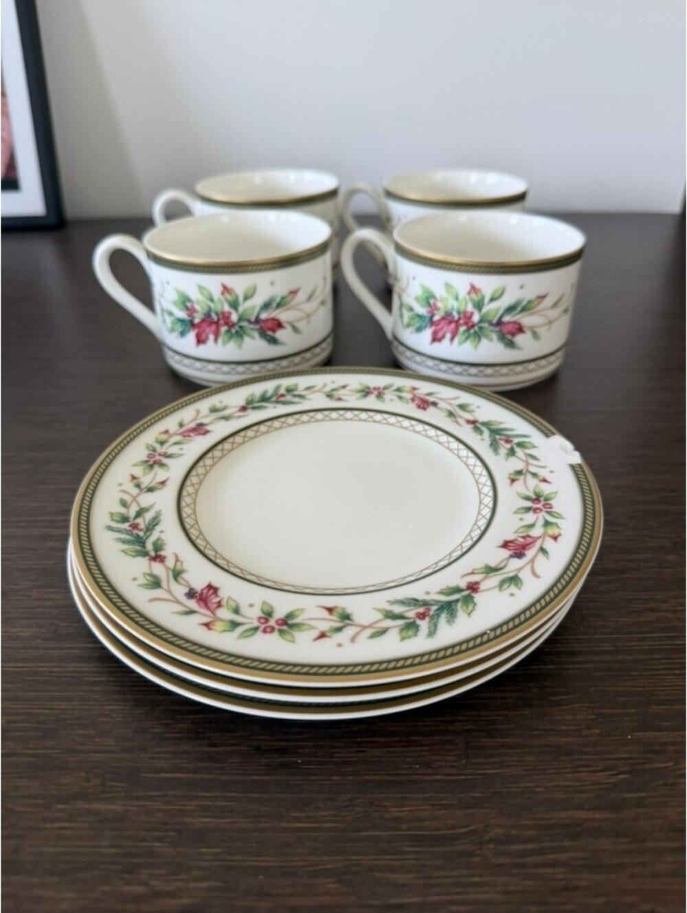 Fitz and Floyd Winter Holiday Teacups (4) & Plates/Saucers (3)